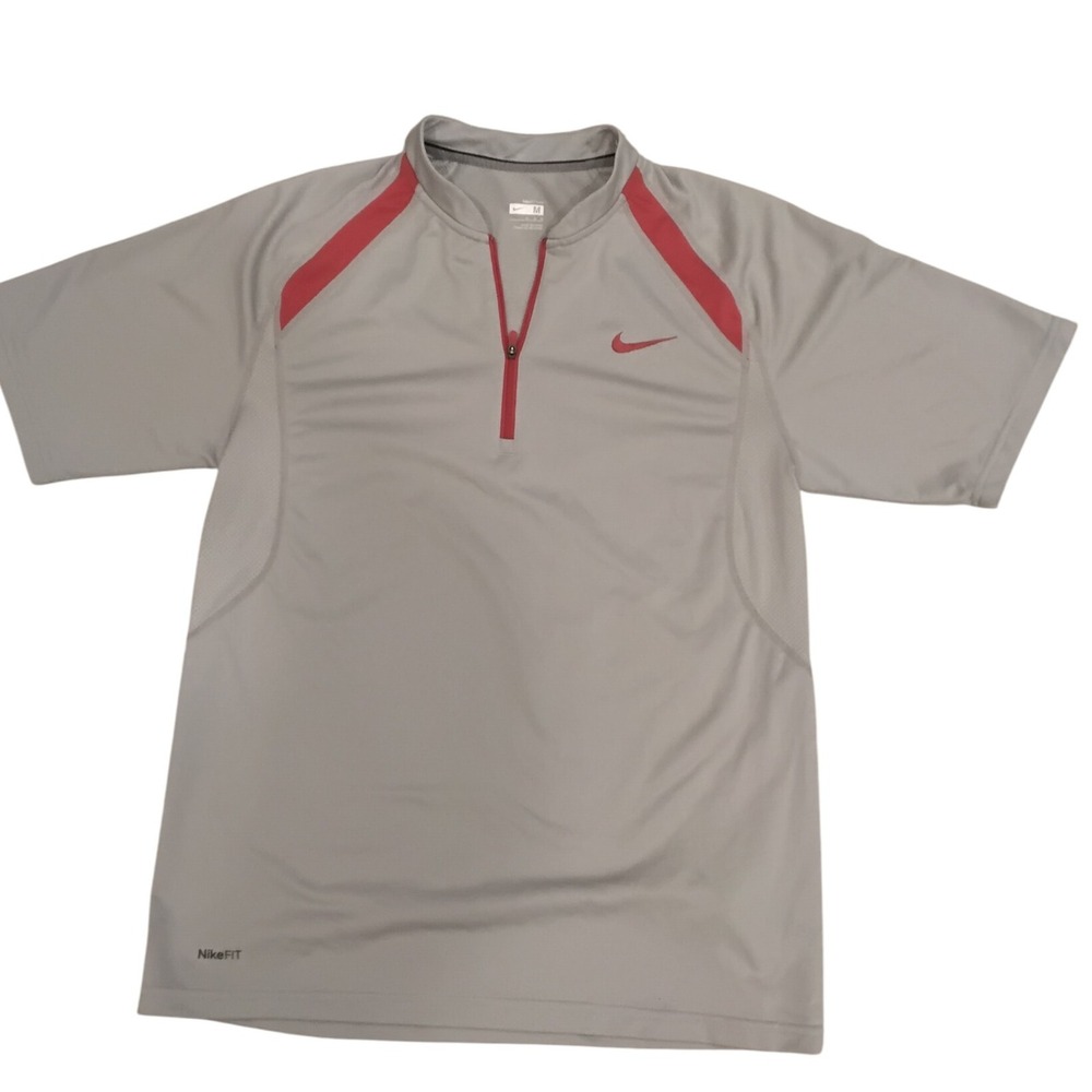 Nike Golf Dri Fit Mens Medium Gray Red Short Sleeve‎ 1/4 Zip Athletic Shirt